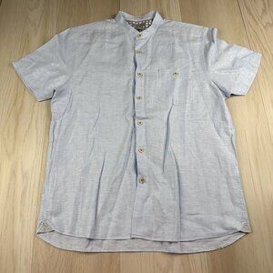 Ted Baker Mens Blue Linen Blend Band Collar Button Up Pocket Preppy Shirt Size 5